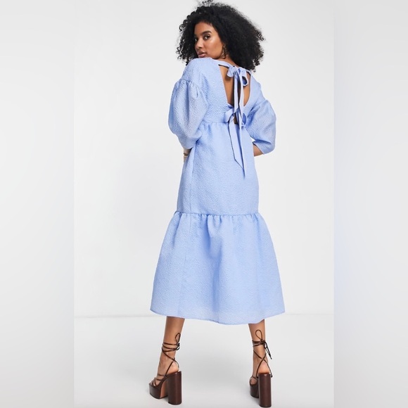 ASOS EDITION Tiered Jacquard Midi‎ with Bow Back in Blue Dress Size 8 - Picture 1 of 15